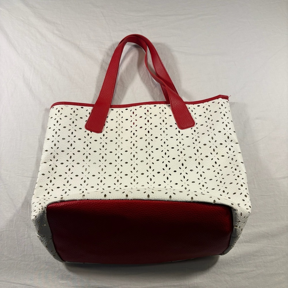 White and Red Perforated Tote Bag - Women's Handbag